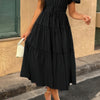 Solid V Neck Puff Sleeve Elastic Waist Dress