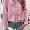 Striped Lace Mock Neck Ruffle Trim Blouse