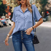 V Neck Button Down Roll Up Sleeve Loose Pocket Blouse