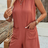 Solid Crewneck Sleeveless Loose Pockets Romper