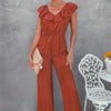 Solid Ruffle Trim V Neck Fit Jumpsuit