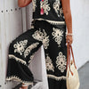 Plus Size Printed Knot Shoulder Wide Leg Sets