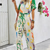 Allover Print Button Up Belt Jumpsuit
