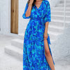 Floral Print V Neck Waist Cinched Split Long Dress