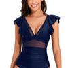 Deep V Neck Ruffle Color Block Lace Swimsuit