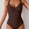 V Neck Halter One Piece Ruched Backless Swimsuit