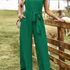 Solid Belt V Neck Wide Leg Fit Jumpsuit