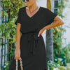V Neck Waist Tie Solid A Line Dress