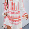 Geometric Printed Bell Ruffle Sleeve Button Dress