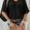 Solid V Neck Knit Loose Fit Bat Sleeves Top