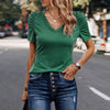 Solid V Neck Lace Puff Sleeve Fit Top