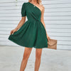 Dot Solid Puff Sleeve One Shoulder Midi Dress