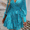 Ruffled Printed Surplice Long Sleeve Mini Dress