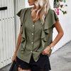 Solid Button Ruffle V Neck Fit Blouse