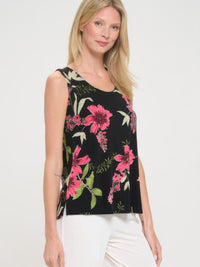 BNS print sleeveless tank top featuring colorful floral print on a black background, perfect for stylish summer wear.