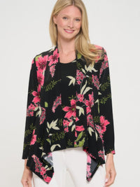 BNS mid cut jacket featuring an elegant floral print, designed for modern layering and comfort, worn by a smiling model.