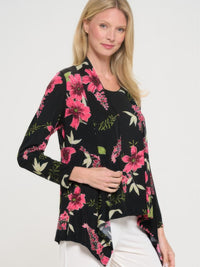 BNS mid cut jacket featuring a floral print, long sleeves, and a stylish draped silhouette for modern layering.