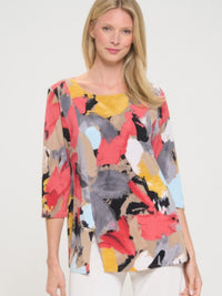 Colorful HIT 3/4 Sleeve Slit Top with round neckline, featuring a vibrant abstract print, perfect for any occasion.