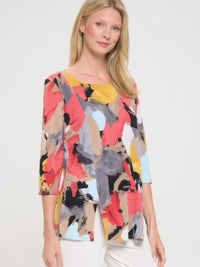 Colorful HIT 3/4 sleeve slit top with round neckline, featuring side slits, perfect for day-to-evening wear.