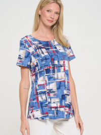 HIT Round Neck Short Sleeve Slit Top with abstract blue and white design, perfect for casual outings.