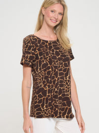 Short Sleeve Slit Top - HIT Round Neck Elegance featuring a giraffe print design, perfect for a stylish casual look.