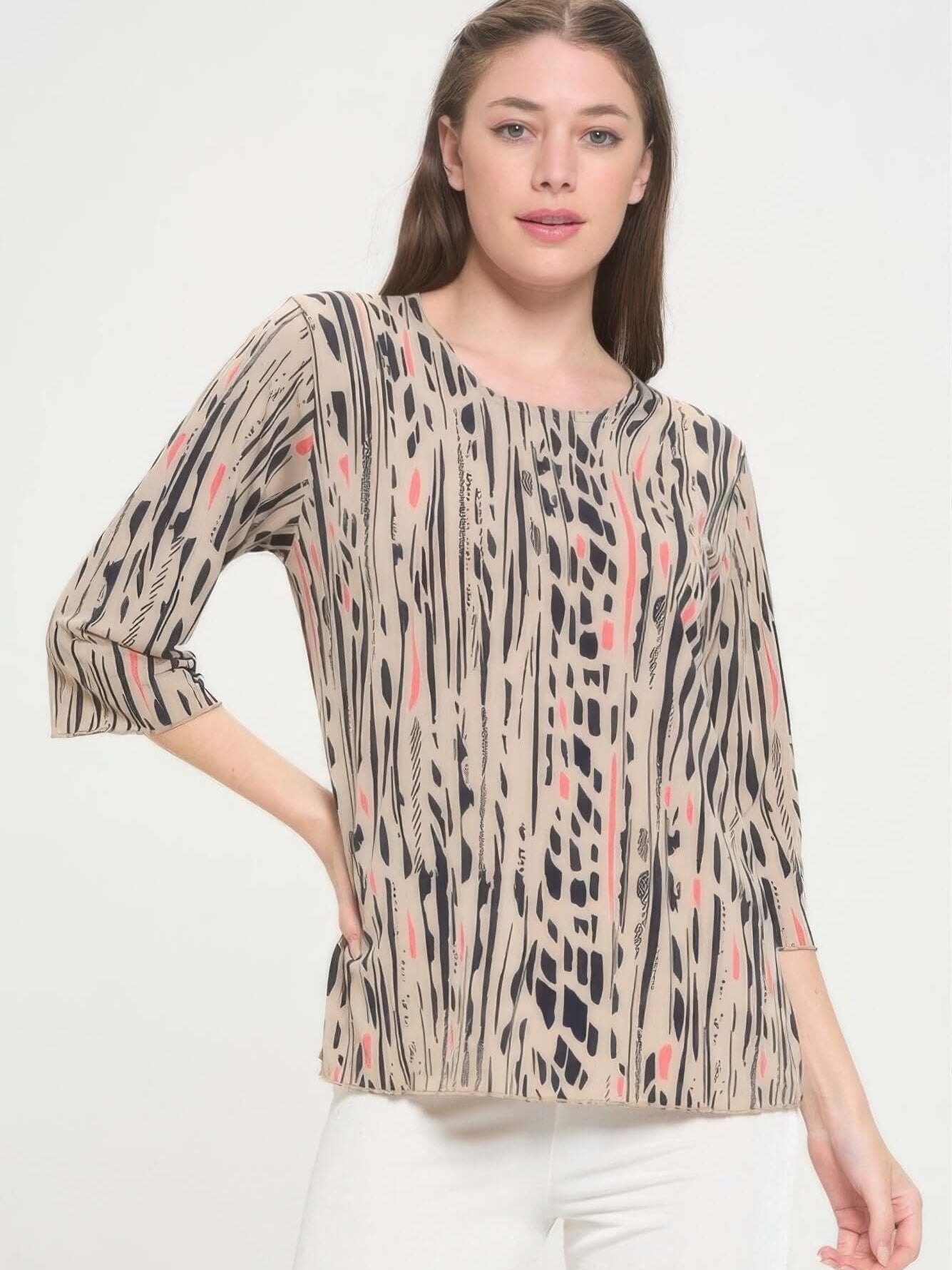 Print Hit Merrow Top, a stylish round neck top with a unique print in beige, featuring three-quarter sleeves and comfortable fit.