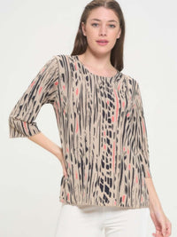 Print Hit Merrow Top, a stylish round neck top with a unique print in beige, featuring three-quarter sleeves and comfortable fit.