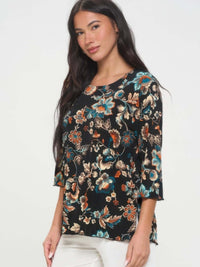 Print Quarter Sleeve Top featuring a floral design and quarter sleeves for women, perfect for effortless styling.