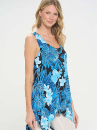 Hit Print Shark Bite Hem Tank Top with floral design in blue and black, showcasing flowy handkerchief hem for women.