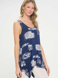Hit Print Shark Bite Hem Tank Top featuring a stylish HIT Print design in navy blue with white patterns.