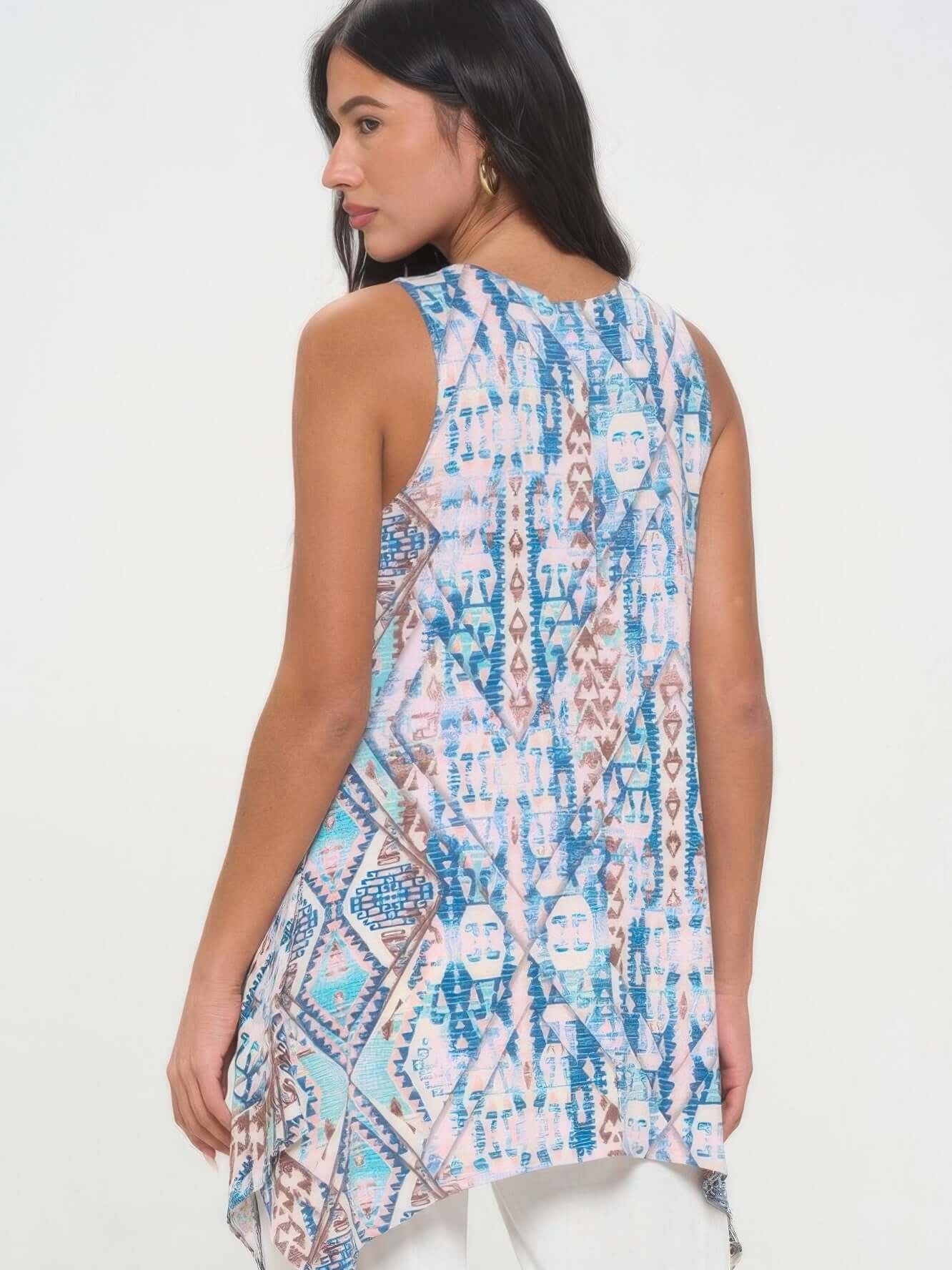 Back view of a woman wearing a Shark Bite Hem Tank Top by HIT Print with a vibrant pattern.