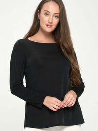 BNS high low top fashion model wearing a black long sleeve top made in the USA for a modern look.