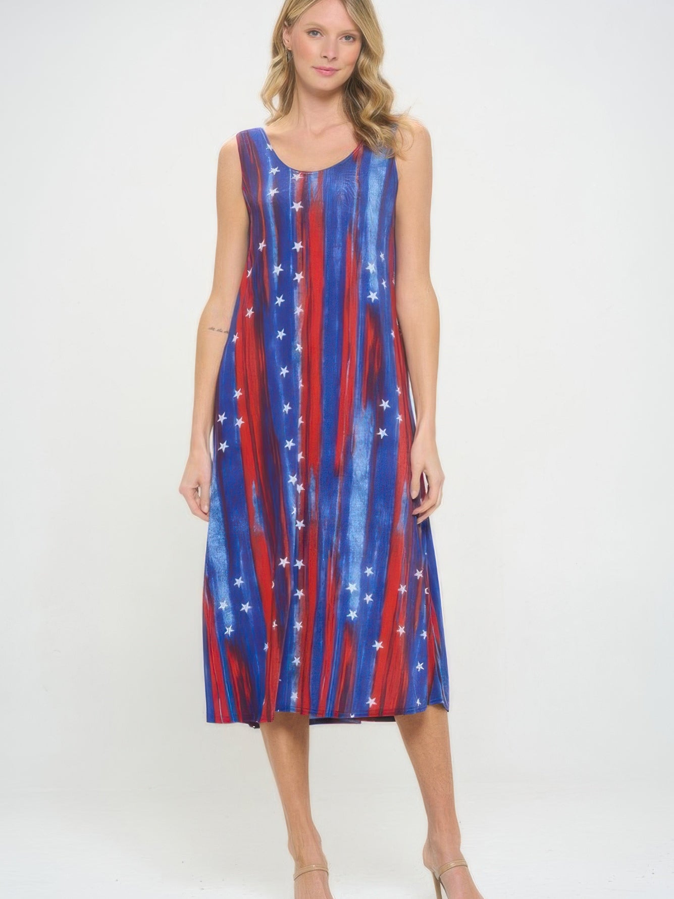 BNS print long tank dress featuring a flowy design with red, blue, and white stripes and star patterns, perfect for warm weather.