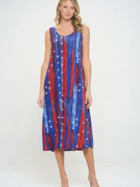 BNS print long tank dress featuring a flowy design with red, blue, and white stripes and star patterns, perfect for warm weather.