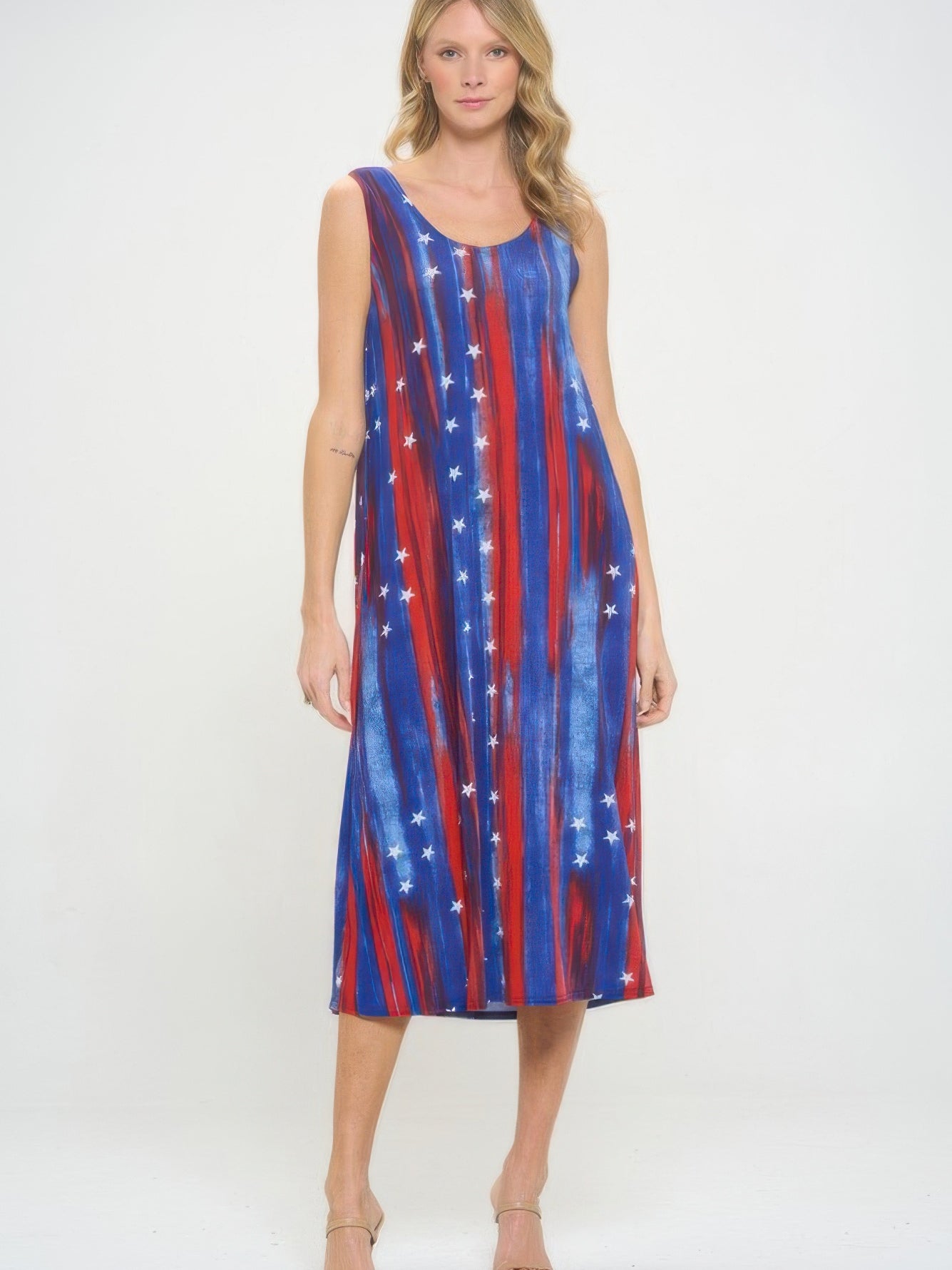 BNS print long tank dress featuring a colorful red, blue, and white star design, perfect for warm-weather outings.