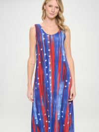 BNS print long tank dress featuring a sleeveless design with a red, white, and blue star pattern.