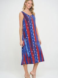 BNS print long tank dress featuring a colorful blue, red, and white star pattern, perfect for warm-weather styling.