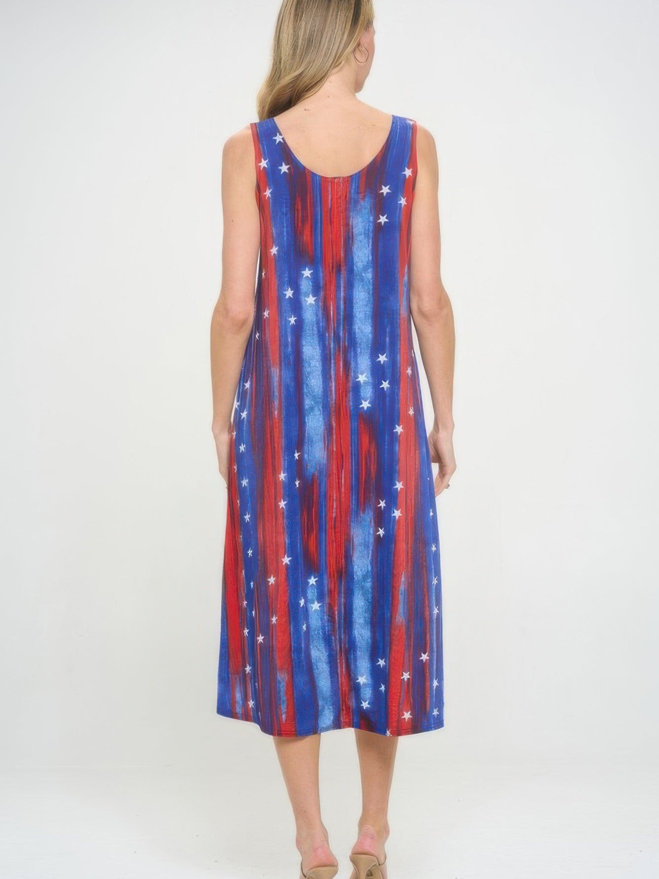 BNS print long tank dress in red, blue, and white with star pattern, showcasing a full-length silhouette and sleeveless design.