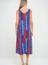BNS print long tank dress in red, blue, and white with star pattern, showcasing a full-length silhouette and sleeveless design.