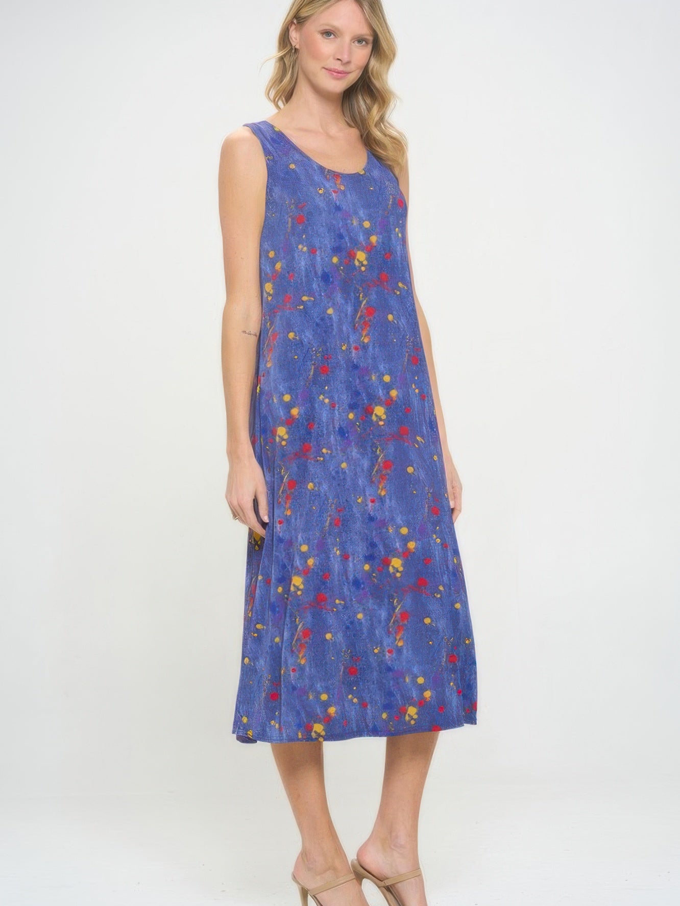 BNS Print Long Tank Dress in vibrant blue with floral print, showcasing a sleeveless design and full-length elegance.