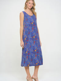BNS Print Long Tank Dress in vibrant blue with floral print, showcasing a sleeveless design and full-length elegance.