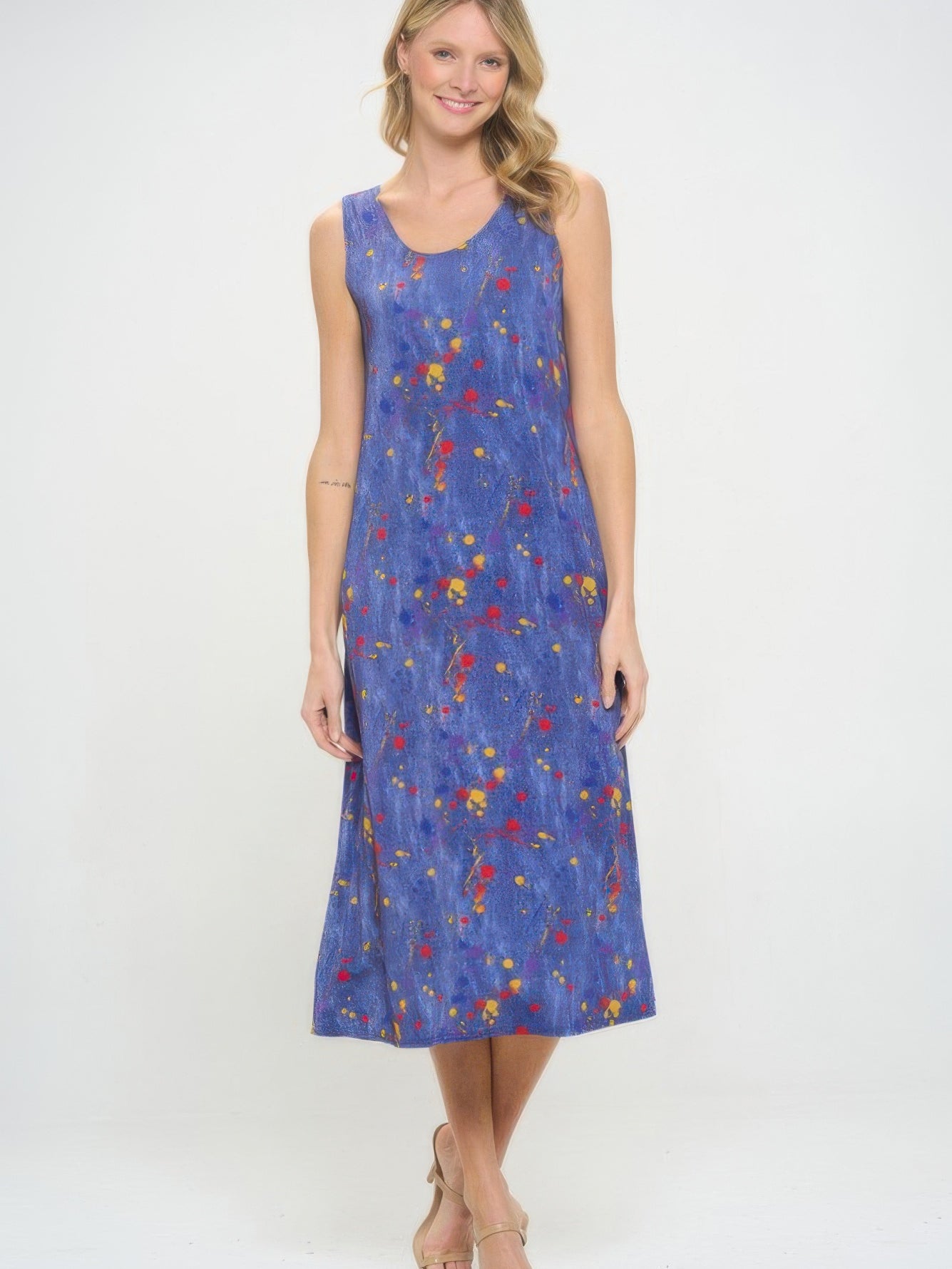 BNS Print Long Tank Dress in blue floral design, offering comfort and style for any occasion.