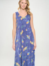 BNS Print Long Tank Dress with colorful marine print, sleeveless design, and round neckline in a comfortable fit.