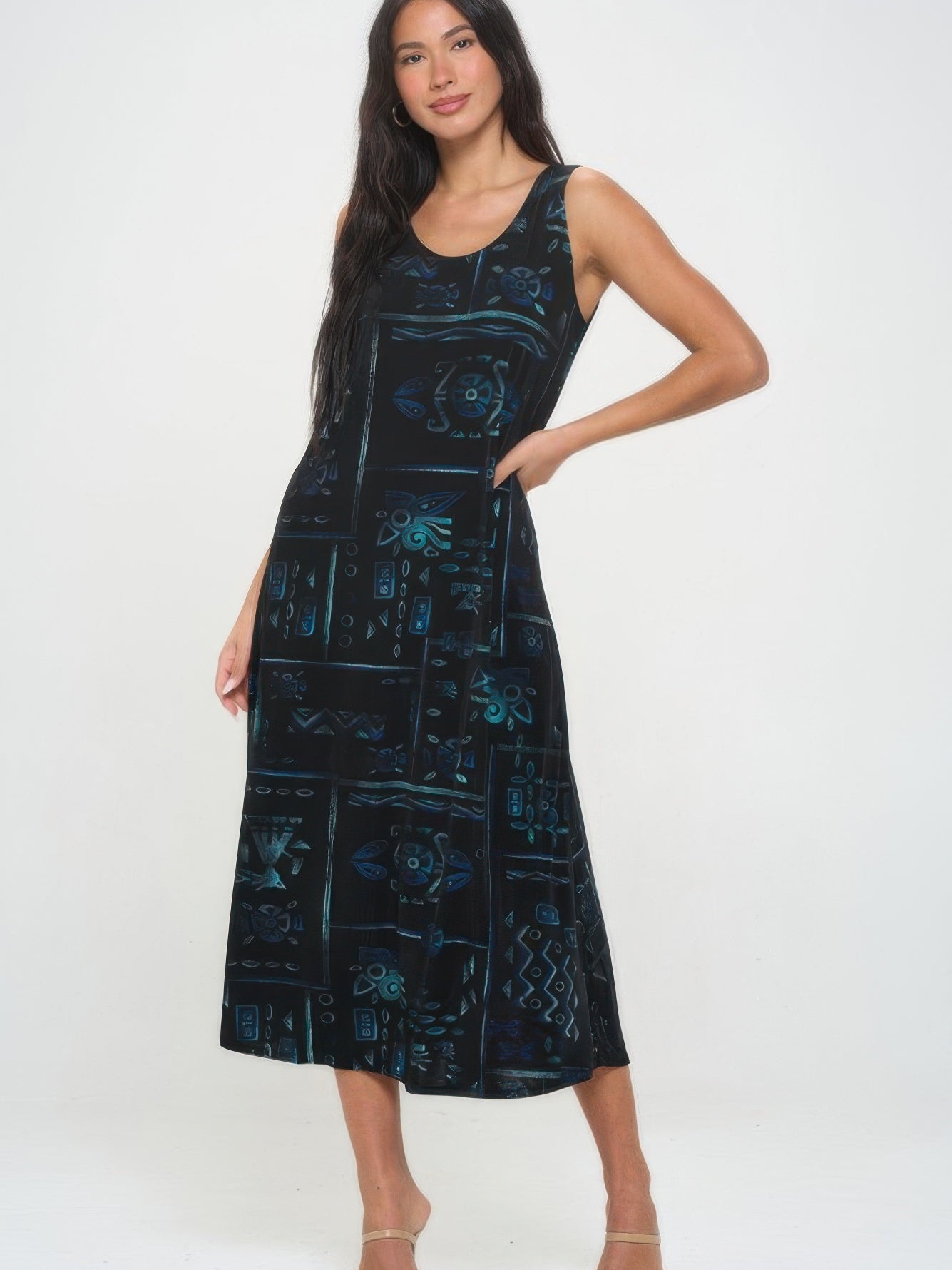 BNS Print Long Tank Dress featuring a sleeveless design and elegant print for stylish comfort.