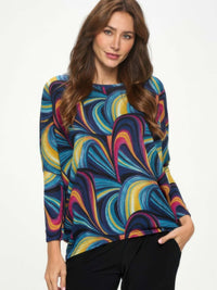 Mir batwing dolman top in vibrant swirl pattern, showcasing relaxed fit and wide dolman sleeves for women's fashion.