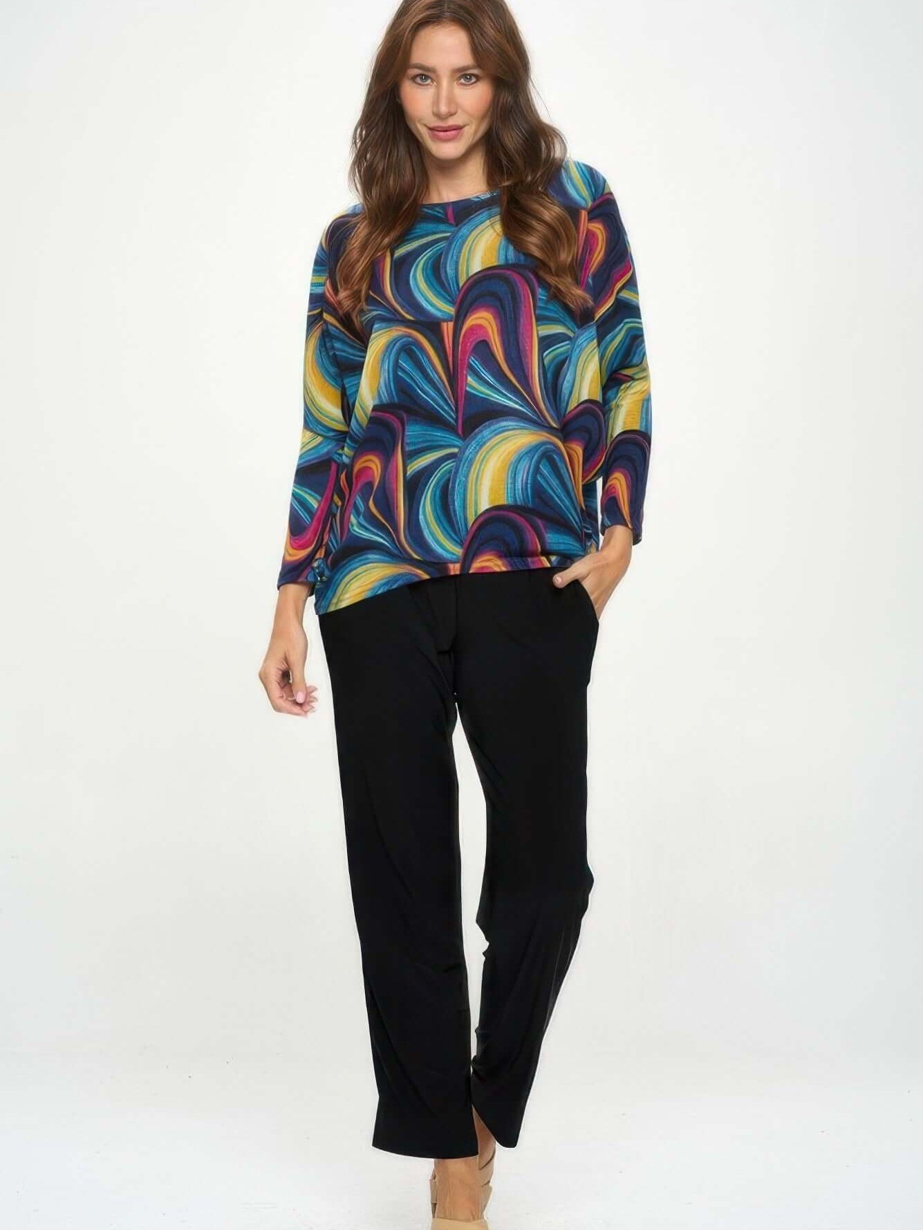 Mir batwing dolman top worn by a model, featuring vibrant colors and wide dolman sleeves for a relaxed fit.