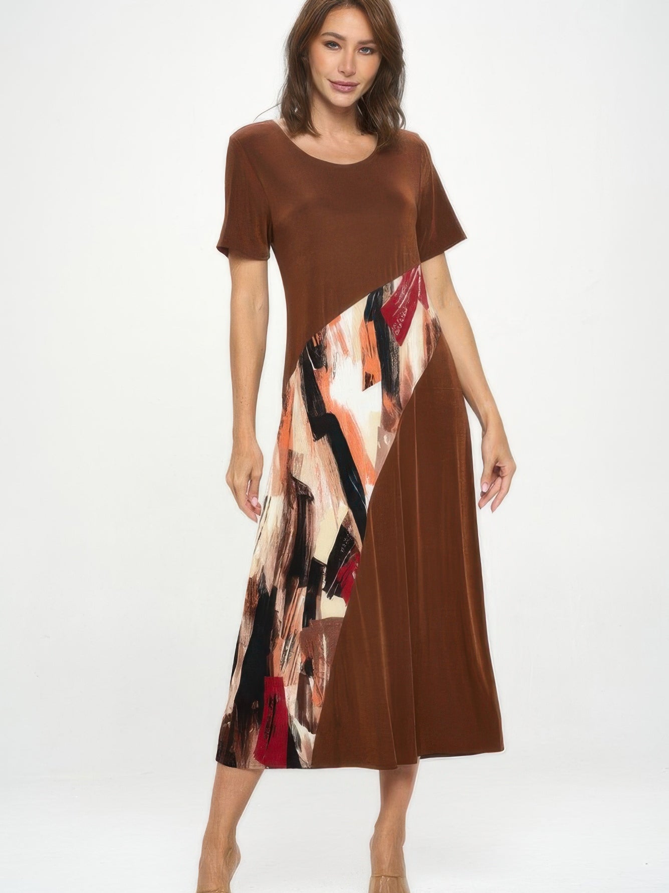 BNS Contrast Maxi Dress featuring a bold blend of prints and solids in a full-length silhouette.