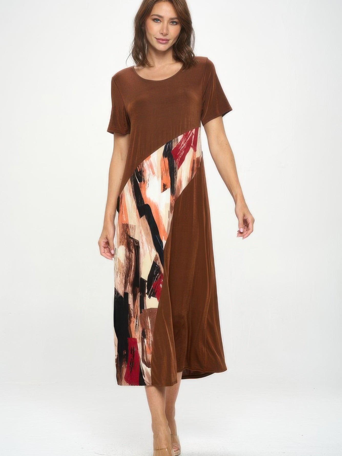 Model wearing the BNS Contrast Maxi Dress featuring a stylish blend of prints and solids in a full-length, elegant design.