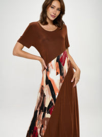 BNS Contrast Maxi Dress featuring bold prints and solids with a smooth polyester-spandex blend.