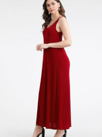 Plus size sleeveless maxi dress in red with a smooth finish and full-length silhouette.
